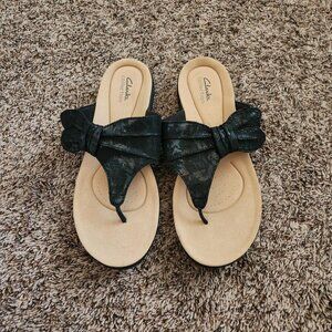 Clarks Collection Laurieann Rae Black Flip Flop Wedge Sandals Women’s 10W